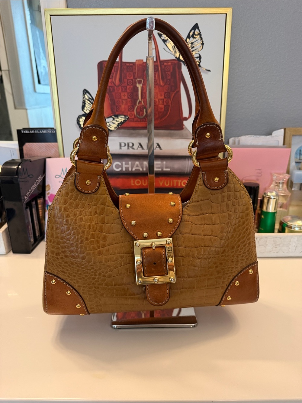 Michael Kors Cognac Croc-Embossed Leather Shoulder Bag with Gold Hardware